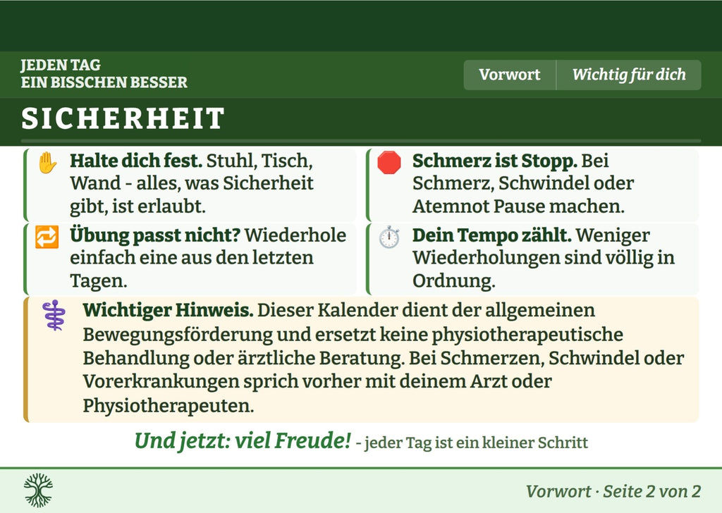 Sicherheitsseite: Halte dich fest, Schmerz ist Stopp, dein Tempo zählt