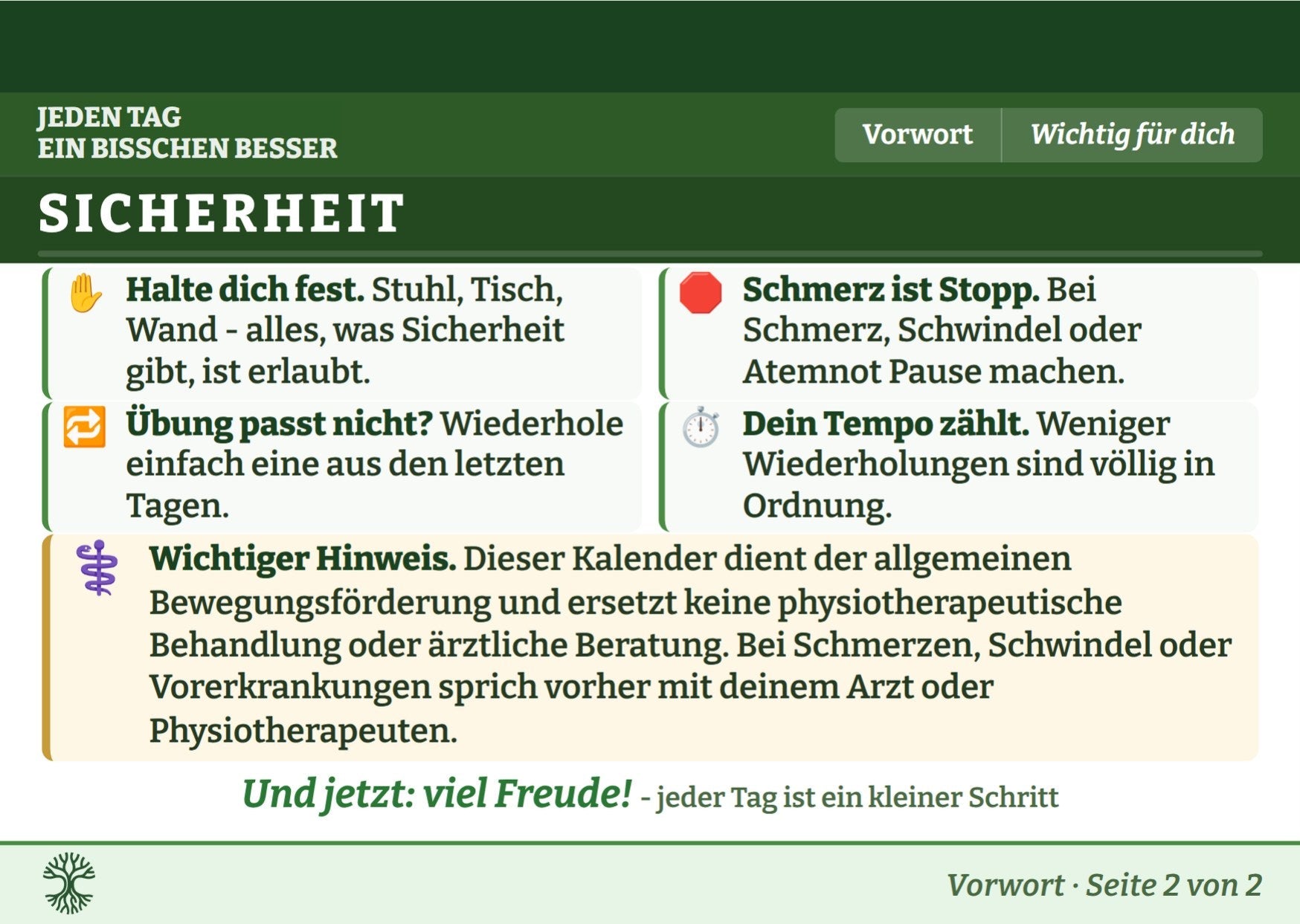 Sicherheitsseite: Halte dich fest, Schmerz ist Stopp, dein Tempo zählt
